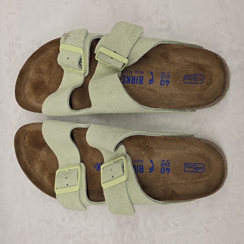 Birkenstock Light Green Suede Two-Strap Arizona Sandals